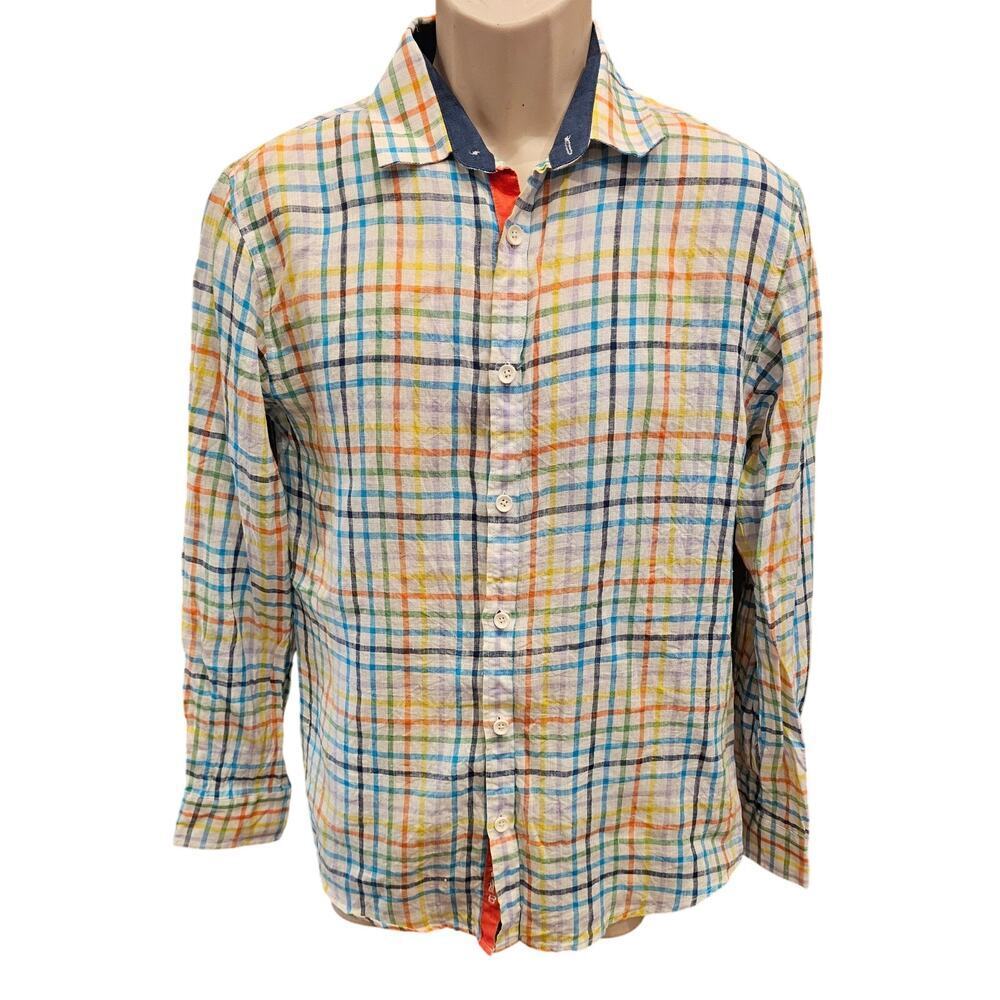 Bohio 100% linen multi color bright checkered long sleeve button up EUC casaul M